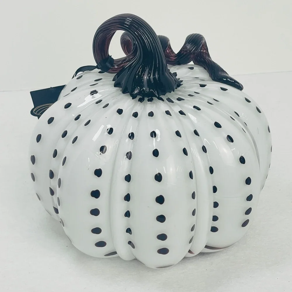 Christian Siriano New York Glass Pumpkin Decor White Black Polka Dot Purple Stem
